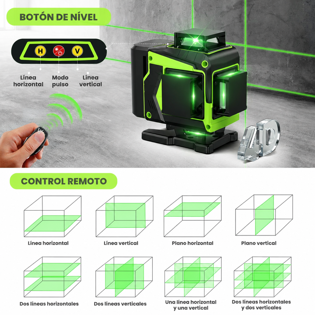 Nível a Laser Autonivelante 30 m, Brilho 1–100%, Controle Remoto, IP54 | QuadBeam™ 4D