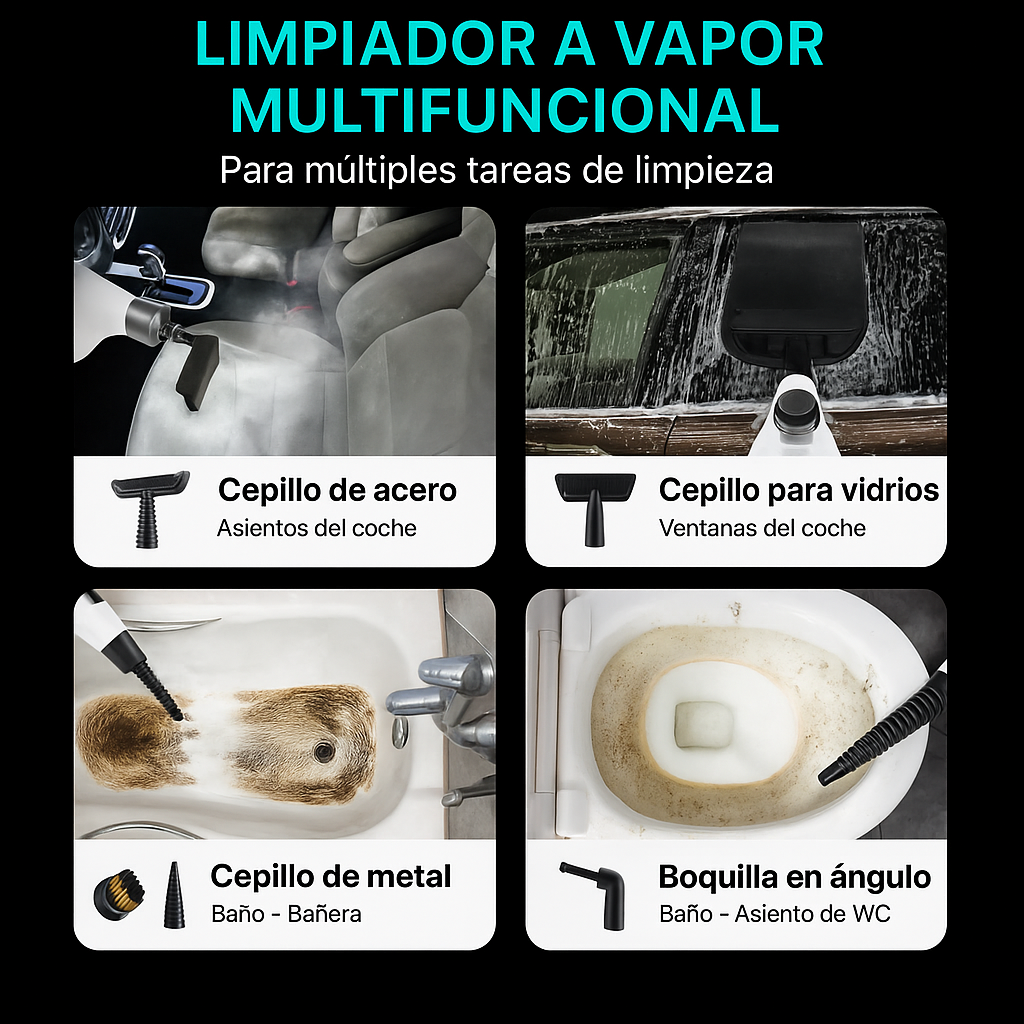 Limpadora a Vapor Portátil com 14 Acessórios para Carro, Banheiro, Cozinha e Estofados | VAPORLYX™