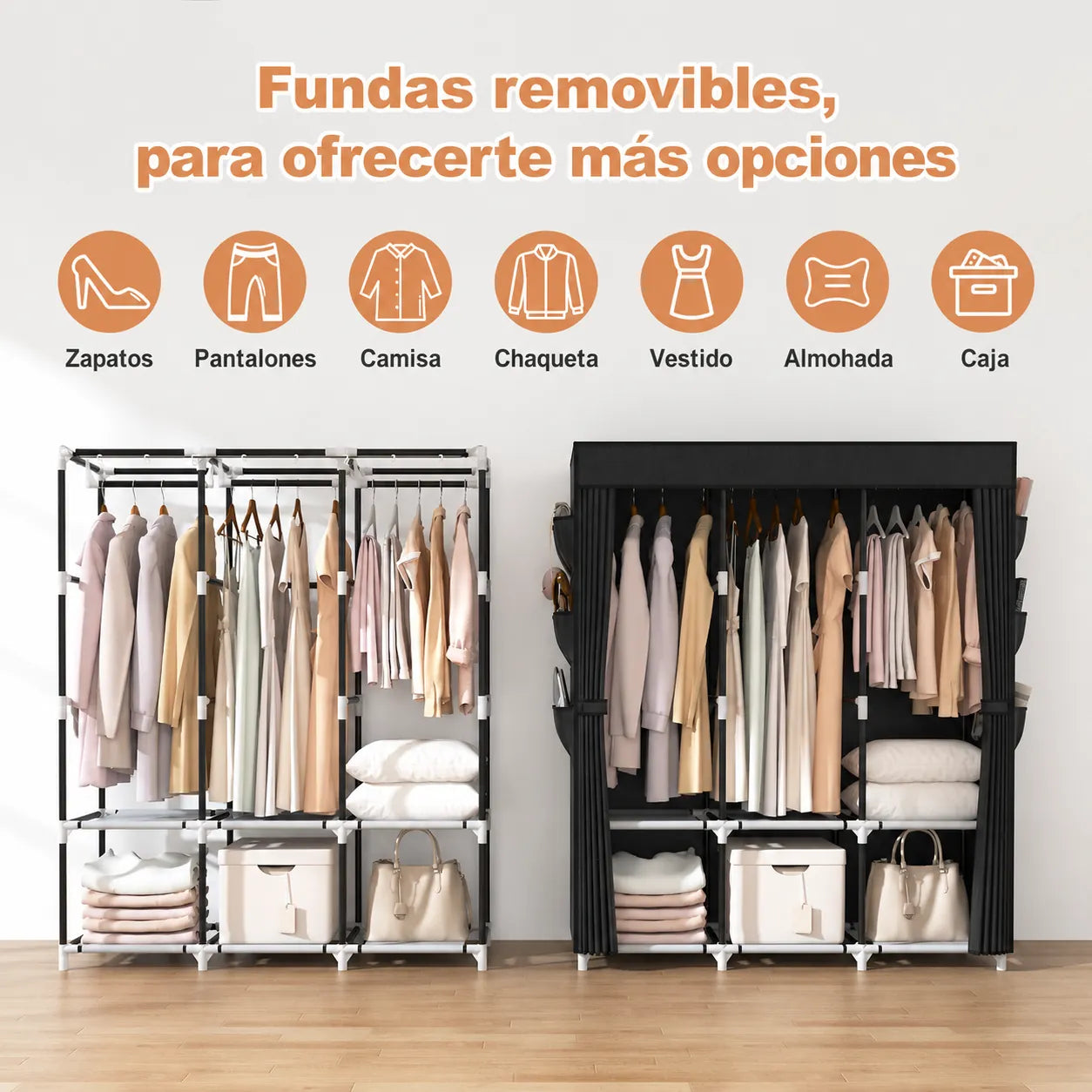 Guarda-Roupa Portátil Grande com Capa, 6 Prateleiras e 3 Barras para Pendurar WARDLORA™