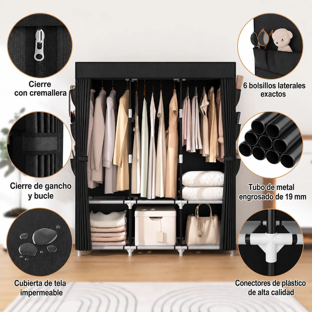 Guarda-Roupa Portátil Grande com Capa, 6 Prateleiras e 3 Barras para Pendurar WARDLORA™