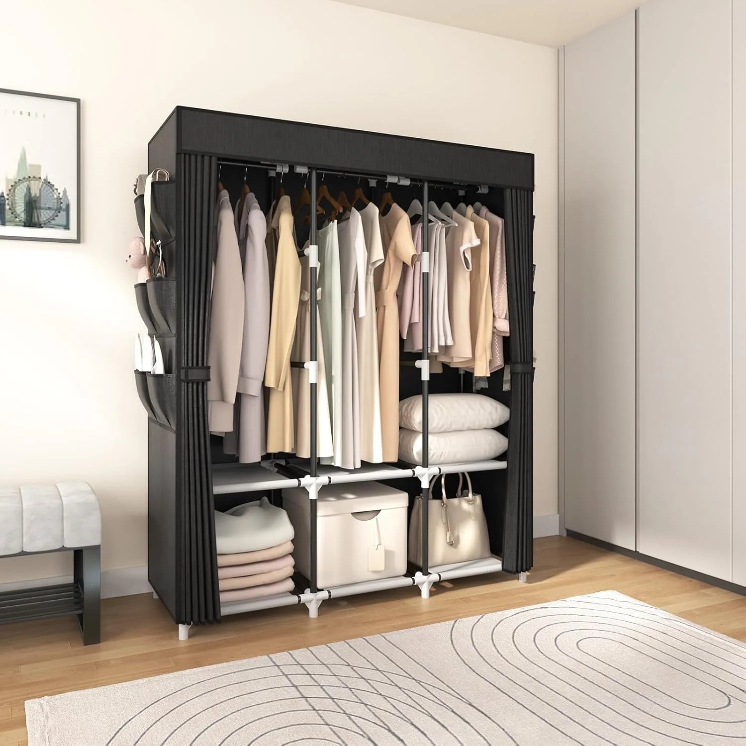 Guarda-Roupa Portátil Grande com Capa, 6 Prateleiras e 3 Barras para Pendurar WARDLORA™